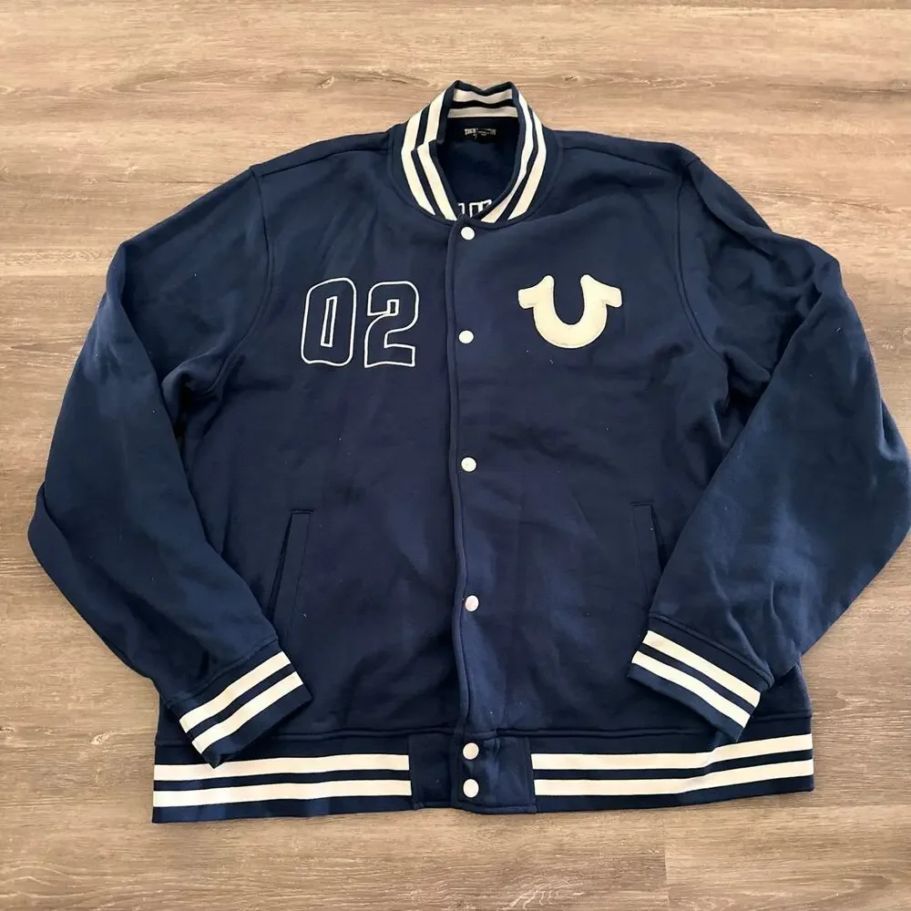 True Religion Varsity Jacket Insignia Blue Size 2X Cotton Blend NEW